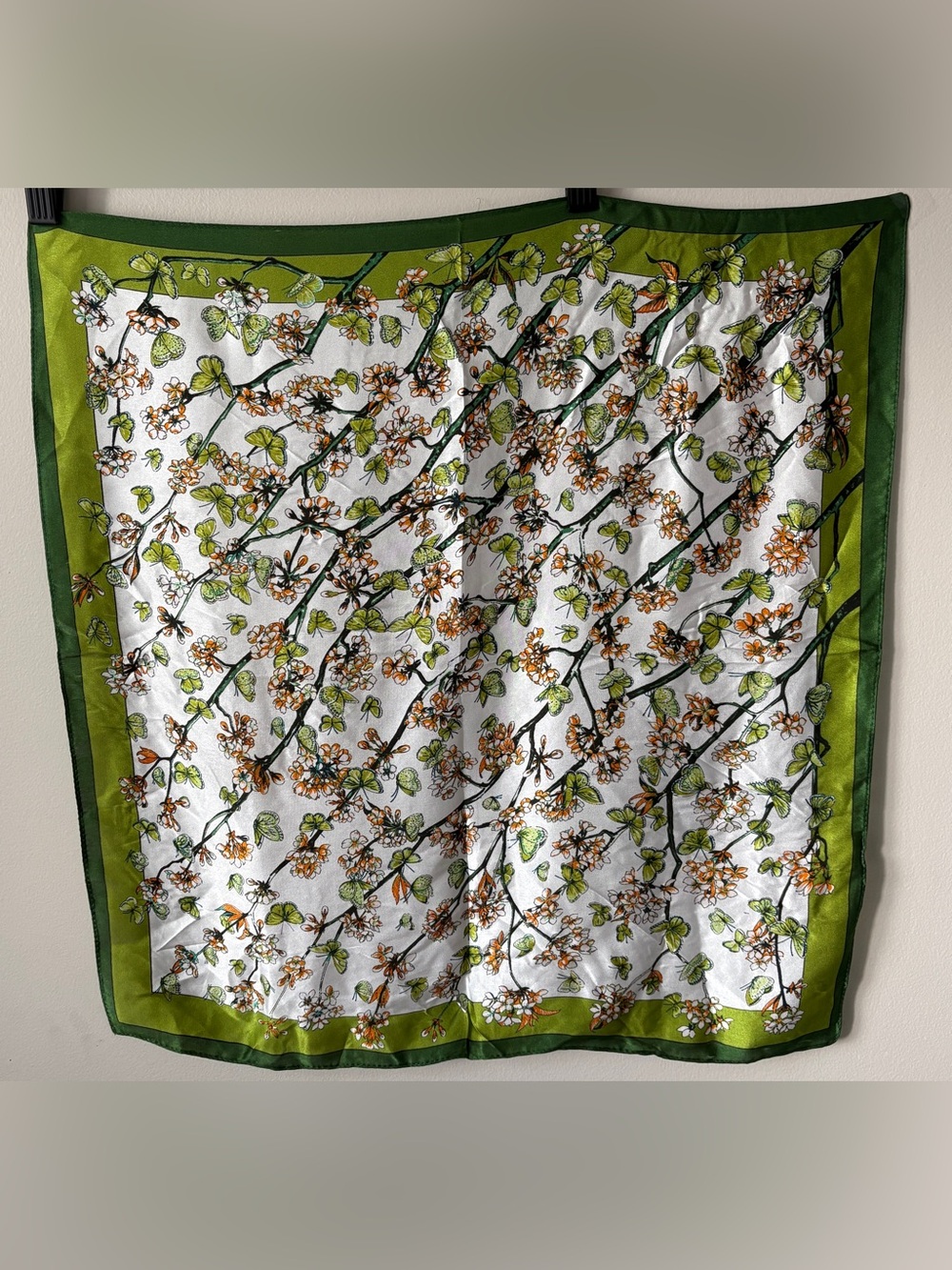 Green Floral Butterfly Garden Neckerchief 100% Pure Silk Square Scarf 21”x21”